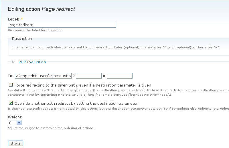 configure redirect action