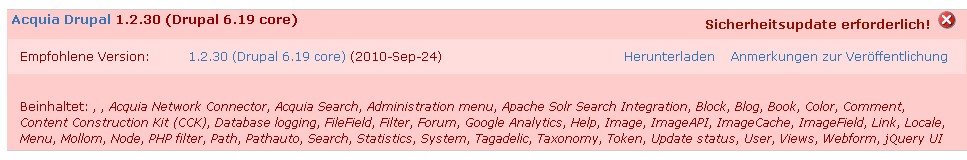 Installierte drupal Kern Version 6.19 update auf 6.19 notwendig